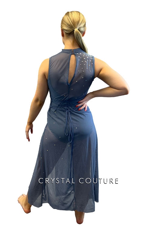 Slate Blue High Neck Mesh Overlay with Gray leotard- Rhinestones