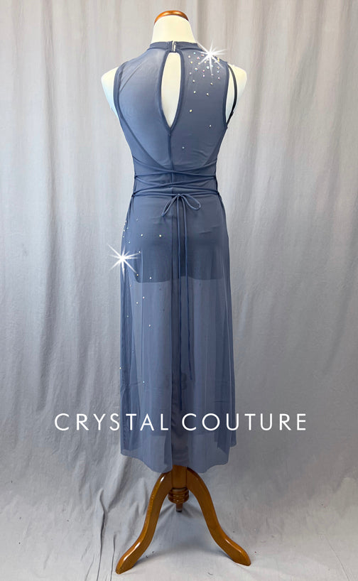 Slate Blue High Neck Mesh Overlay with Gray leotard- Rhinestones