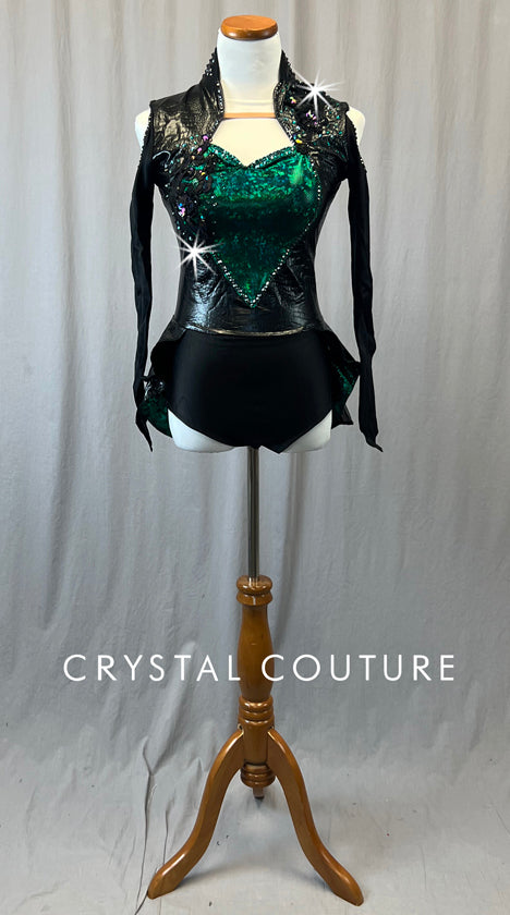 Custom Black and Green Snake Print Pleather Leotard with Back Skirt - Rhinestones