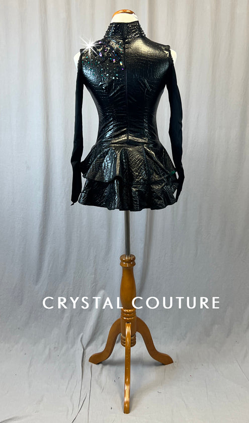 Custom Black and Green Snake Print Pleather Leotard with Back Skirt - Rhinestones