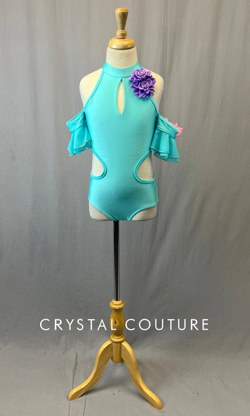 Turquoise Cutout Leotard with Off Shoulder Flutter Sleeves & Flowers
