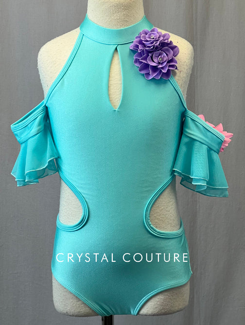 Turquoise Cutout Leotard with Off Shoulder Flutter Sleeves & Flowers