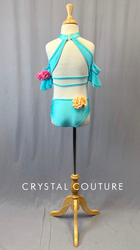 Turquoise Cutout Leotard with Off Shoulder Flutter Sleeves & Flowers
