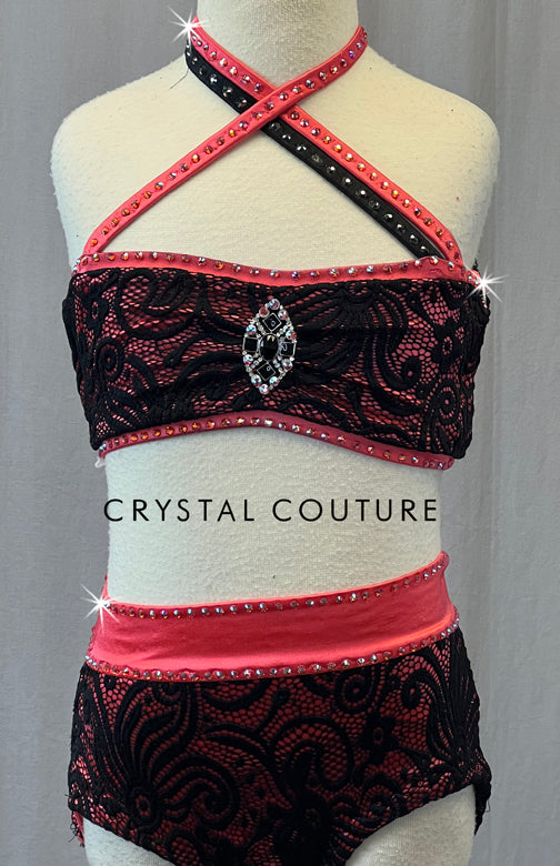 Custom Black & Coral Lace Two Piece with Strappy Back - Rhinestones