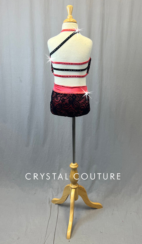 Custom Black & Coral Lace Two Piece with Strappy Back - Rhinestones