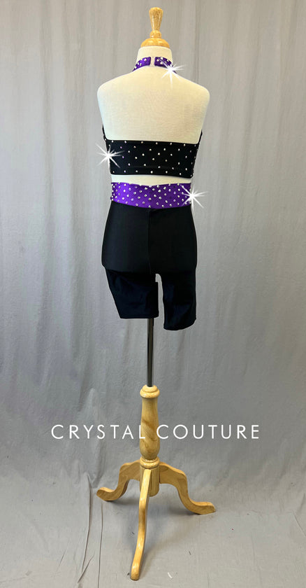 Black & Purple Connected Two Piece with Fringe - Rhinestones