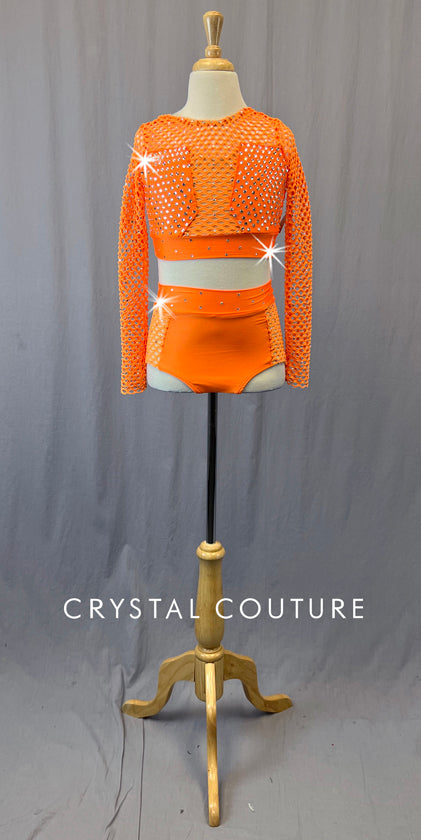 Neon Orange Netted Two Piece - Rhinestones