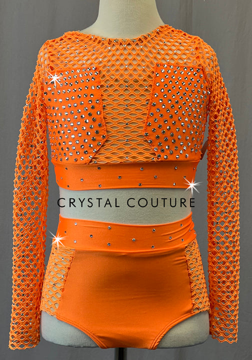 Neon Orange Netted Two Piece - Rhinestones
