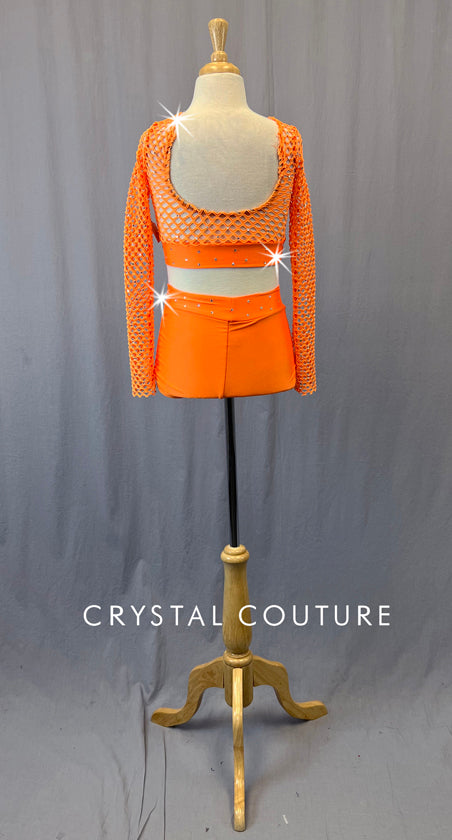 Neon Orange Netted Two Piece - Rhinestones