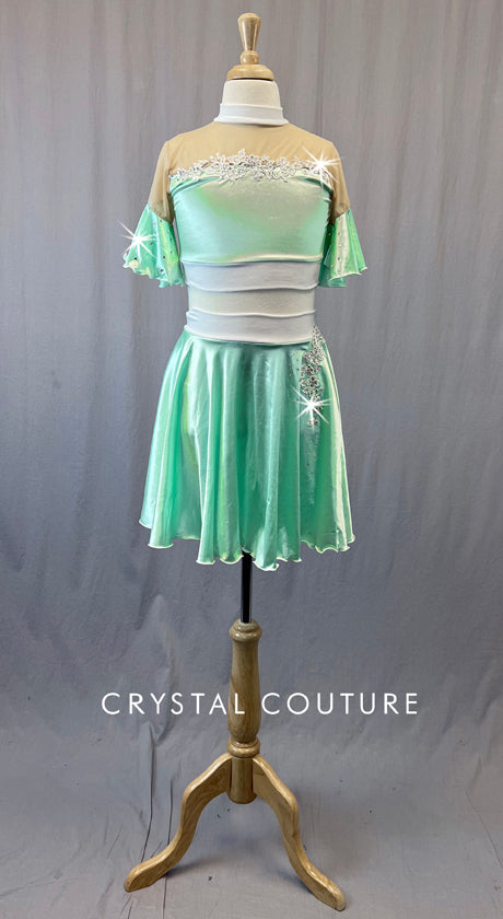 Silky Mint Two Piece with Flutter Sleeves & Circle Skirt - Rhinestones