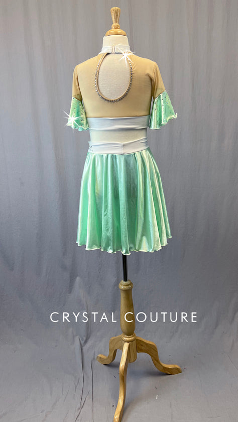 Silky Mint Two Piece with Flutter Sleeves & Circle Skirt - Rhinestones