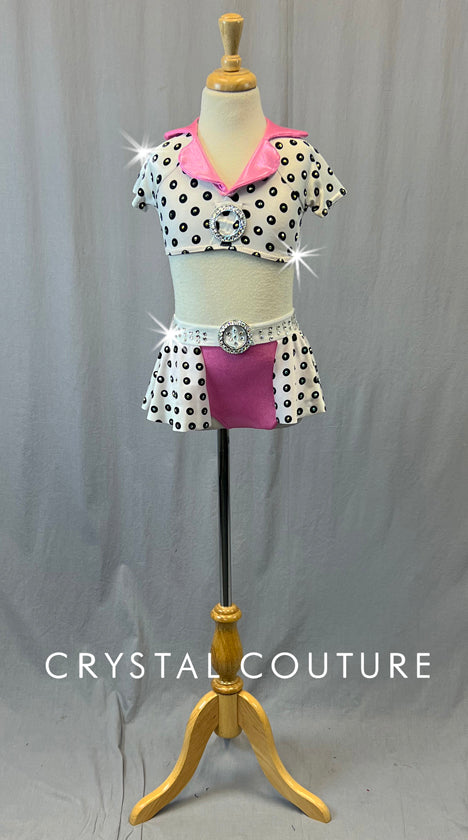 Black & White Polka Dot Collared Top with Half Skirt - Rhinestones
