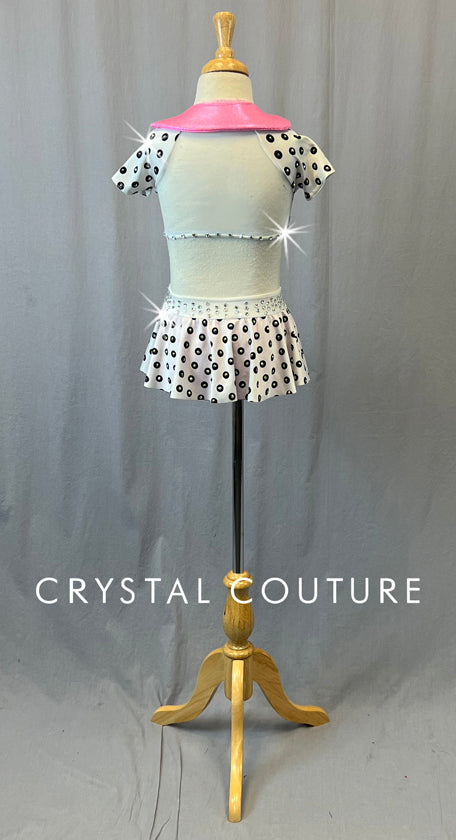 Black & White Polka Dot Collared Top with Half Skirt - Rhinestones