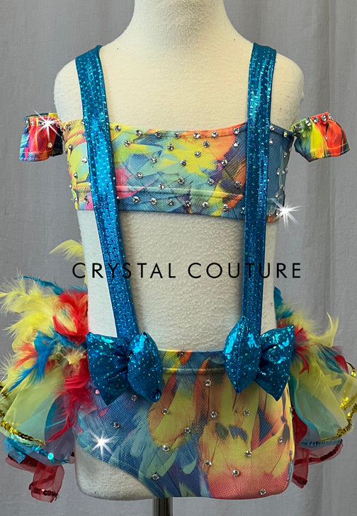 Primary Colored Two Piece with Feather Back Bustle & Suspenders - Rhinestones