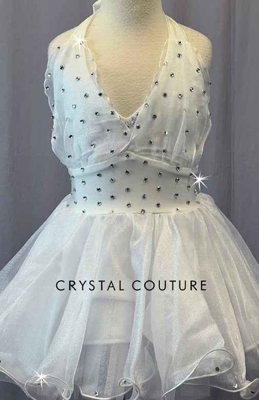 White Shimmer Halter Dress with Crinoline - Rhinestones