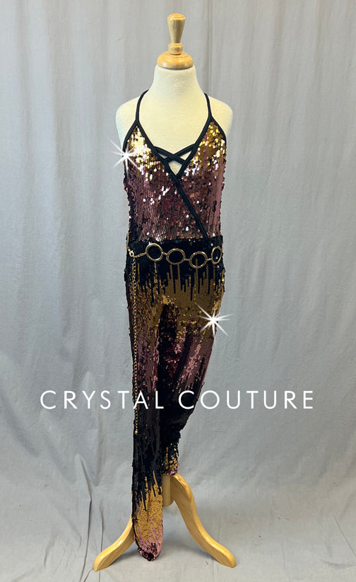 Pink, Black, & Gold Sequin Jumpsuit with Gold Hoop Belt Crystal Couture Pink, Black, & Gold Sequin Jumpsuit with Gold Hoop Belt Crystal Couture