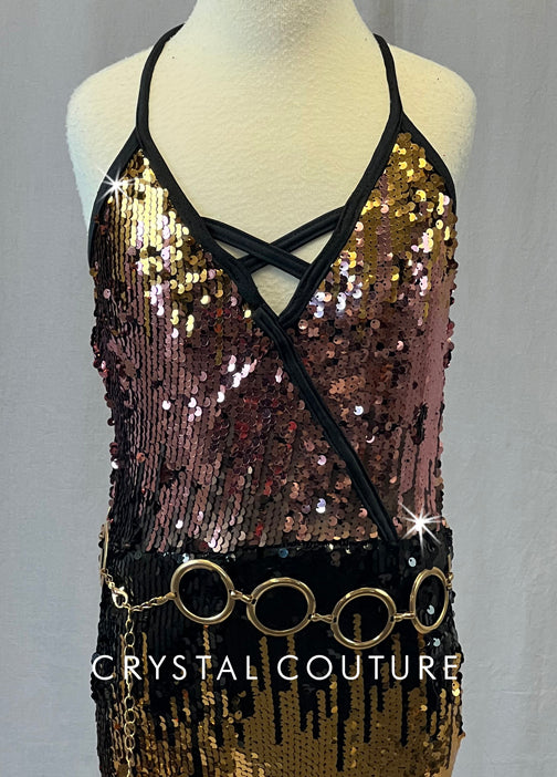 Pink, Black, & Gold Sequin Jumpsuit with Gold Hoop Belt