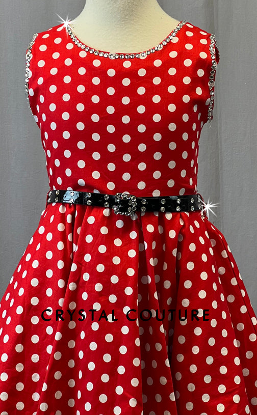 Red Polka Dot A-Line Dress with Belt - Rhinestones