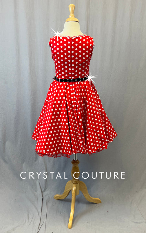 Red Polka Dot A-Line Dress with Belt - Rhinestones