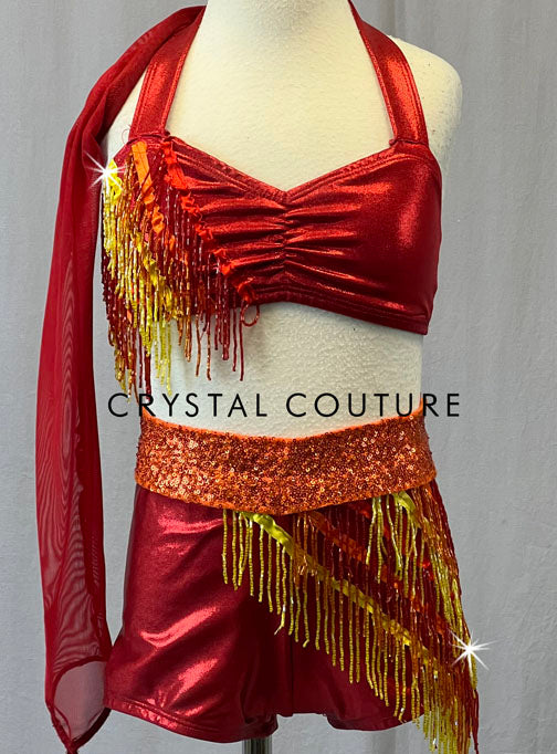 Red, Orange, & Yellow Asymmetrical Two Piece with Beaded Fringe