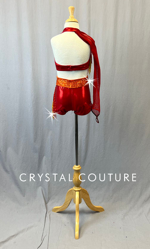 Red, Orange, & Yellow Asymmetrical Two Piece with Beaded Fringe