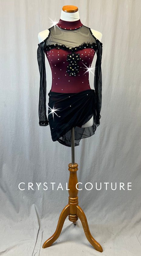 Burgundy & Black Mesh Cold Shoulder Leotard with Drape Skirt - Rhinestones
