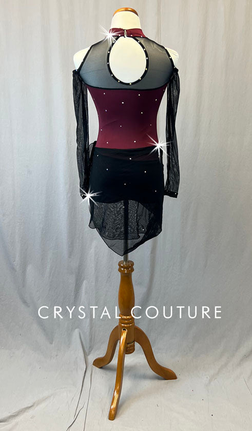 Burgundy & Black Mesh Cold Shoulder Leotard with Drape Skirt - Rhinestones