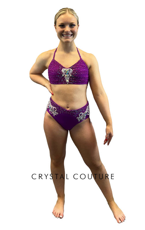 Custom Purple Halter Two Piece with Lace Back Applique - Rhinestones