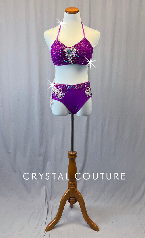 Custom Purple Halter Two Piece with Lace Back Applique - Rhinestones