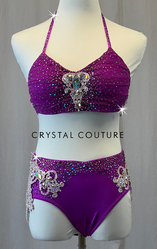 Custom Purple Halter Two Piece with Lace Back Applique - Rhinestones
