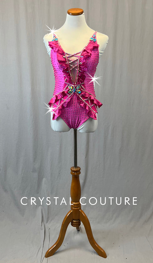 Custom Hot Pink Leotard with Open Back and Ruffles - Rhinestones – Crystal  Couture