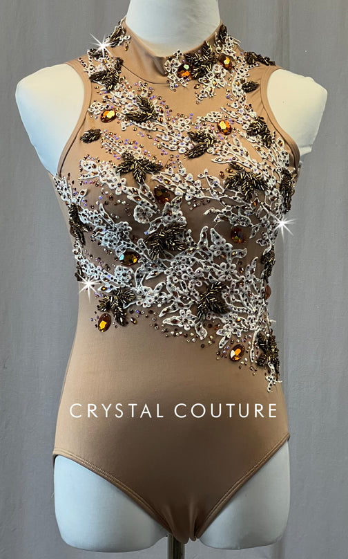 Custom Nude Mock Neck Leotard with Open Back - Appliques & Rhinestones