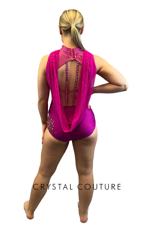 Custom Magenta Mock Neck Leotard with Appliques and Mesh Back Drape - Rhinestones