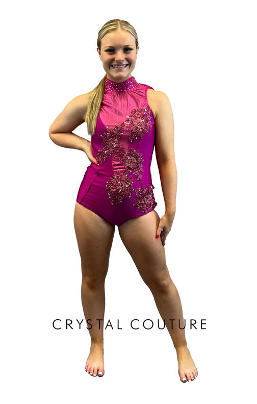 Custom Magenta Mock Neck Leotard with Appliques and Mesh Back Drape - Rhinestones