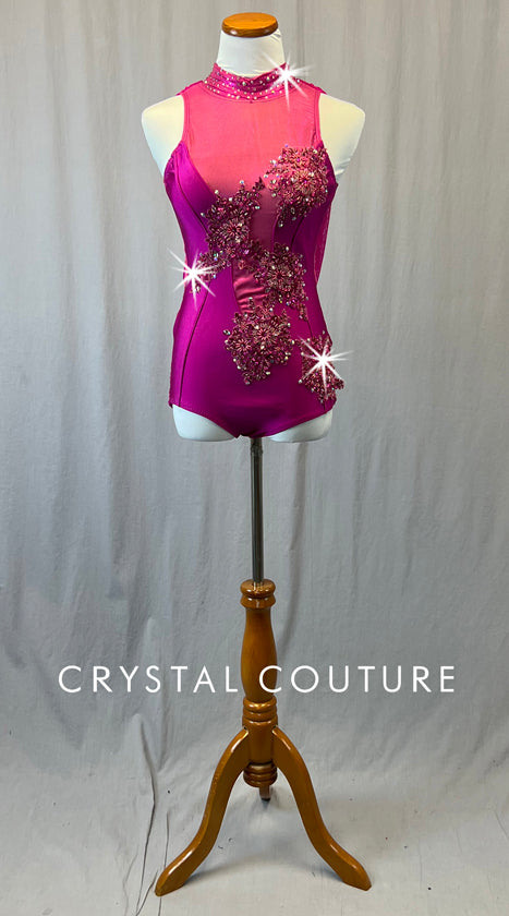 Custom Magenta Mock Neck Leotard with Appliques and Mesh Back