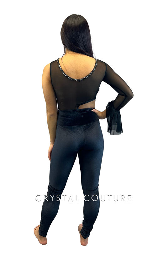 Custom Black Asymmetrical Unitard with Fringed - Appliques & Rhinestones