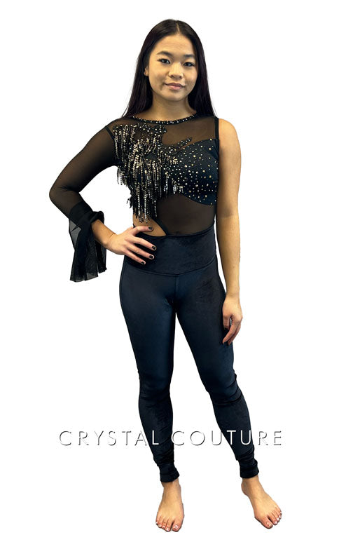 Custom Black Asymmetrical Unitard with Fringed - Appliques & Rhinestones