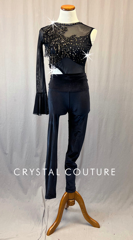 Custom Black Asymmetrical Unitard with Fringed Appliques and Rhinestones