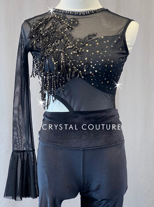 Custom Black Asymmetrical Unitard with Fringed - Appliques & Rhinestones