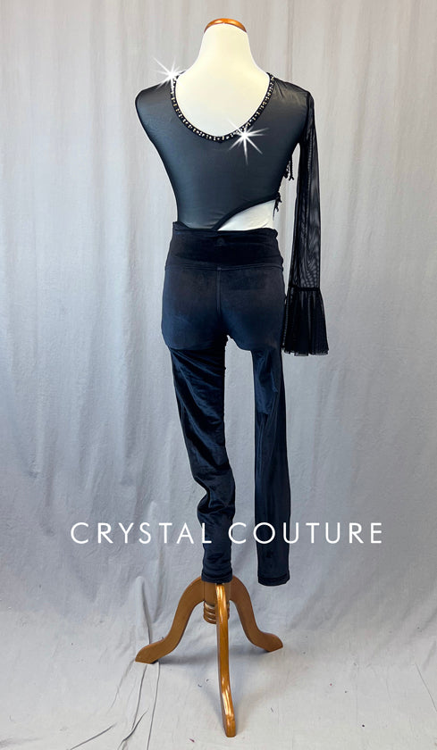 Custom Black Asymmetrical Unitard with Fringed - Appliques & Rhinestones