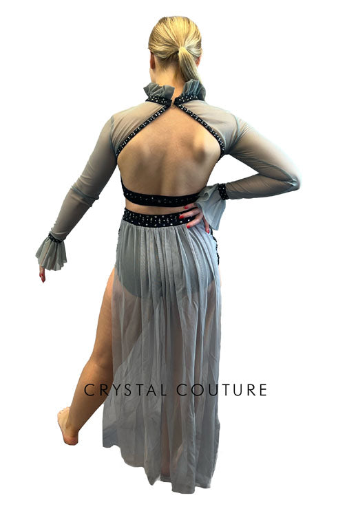 Grey & Black Two Piece With Attached Skirt - Rhinestones
