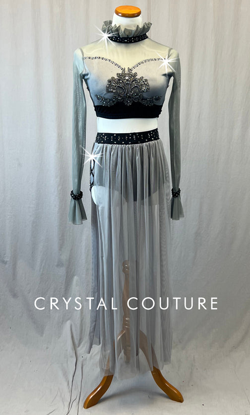 Grey and Black Two Piece With Attached Skirt and Ruffle Collar - Rhinestones