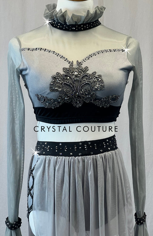 Grey & Black Two Piece With Attached Skirt - Rhinestones