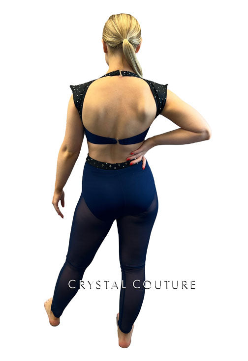 Navy Blue & Black Connected Two Piece with Mesh Leggings - Rhinestones