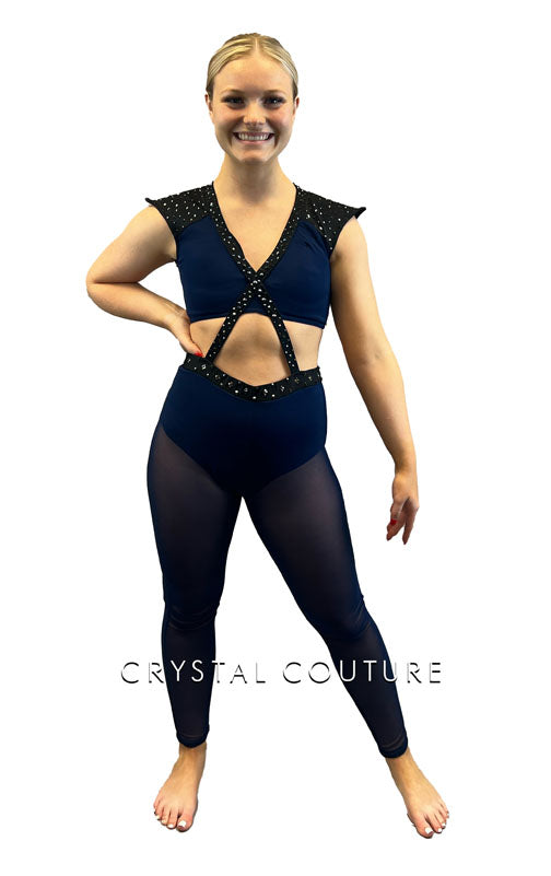 Navy Blue & Black Connected Two Piece with Mesh Leggings - Rhinestones