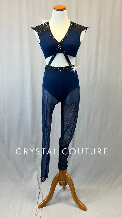 Navy Blue and Black Connected Two Piece with Mesh Leggings - Rhinestones