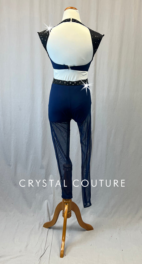 Navy Blue & Black Connected Two Piece with Mesh Leggings - Rhinestones