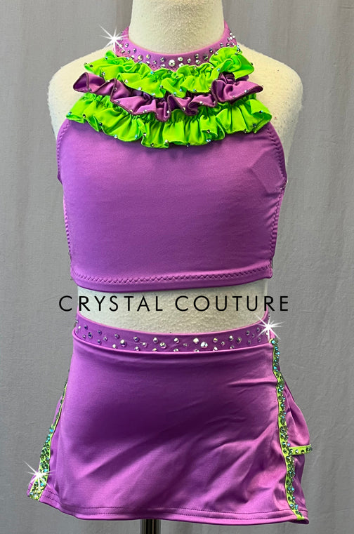 Purple & Lime Green Two Piece with Ruffles - Rhinestones