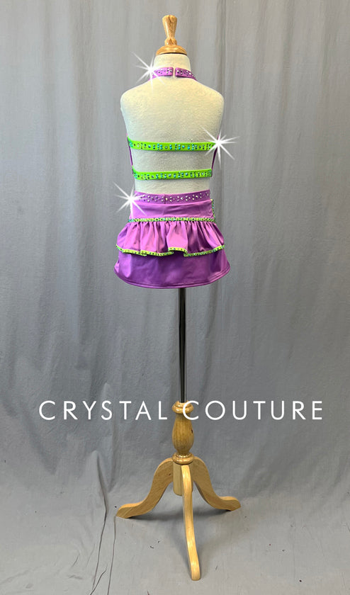 Purple & Lime Green Two Piece with Ruffles - Rhinestones