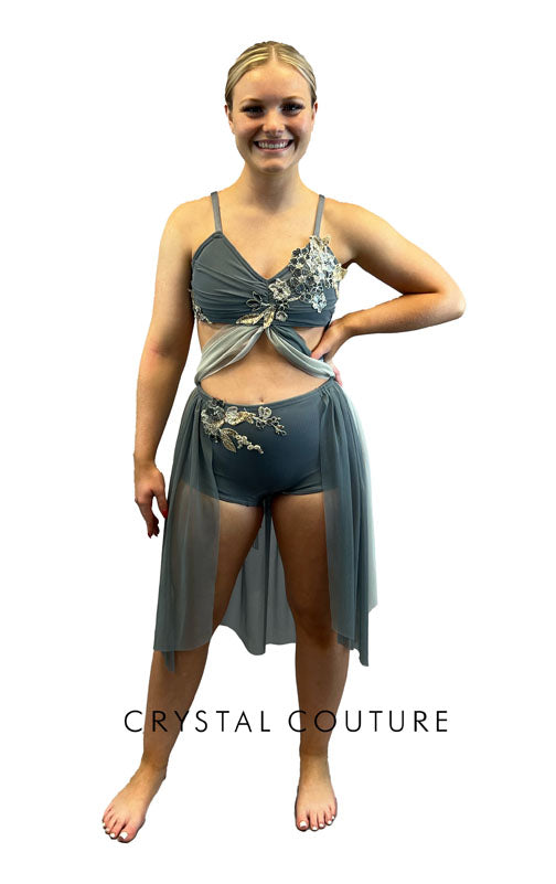 Custom Grey Connected Two Piece with Back Skirt - Appliques & Rhinestones